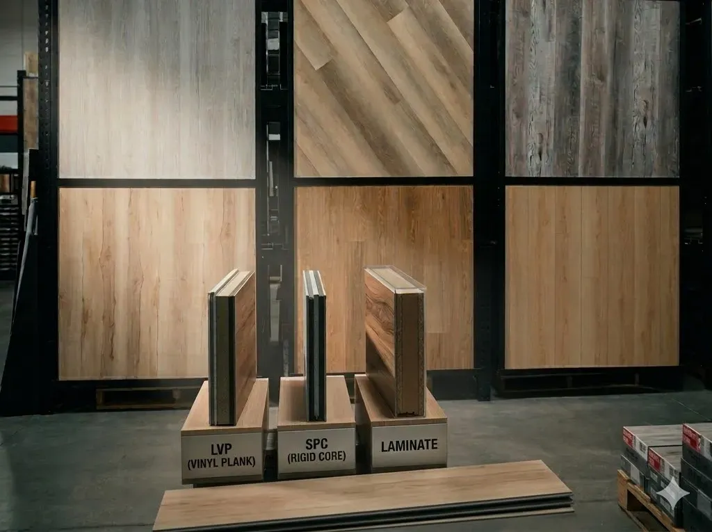 LVP vinyl plank vs SPC rigid core vs laminate flooring samples side by side