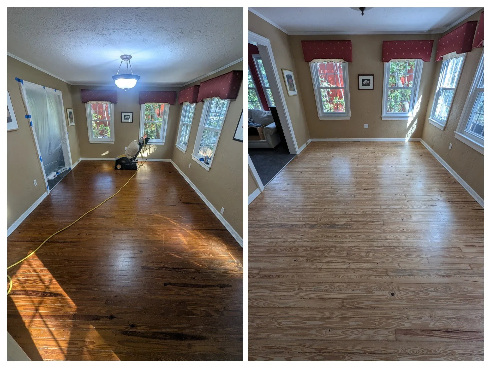 Hardwood floor refinishing before and after — living room floor restored to beautiful natural finish in Central Florida