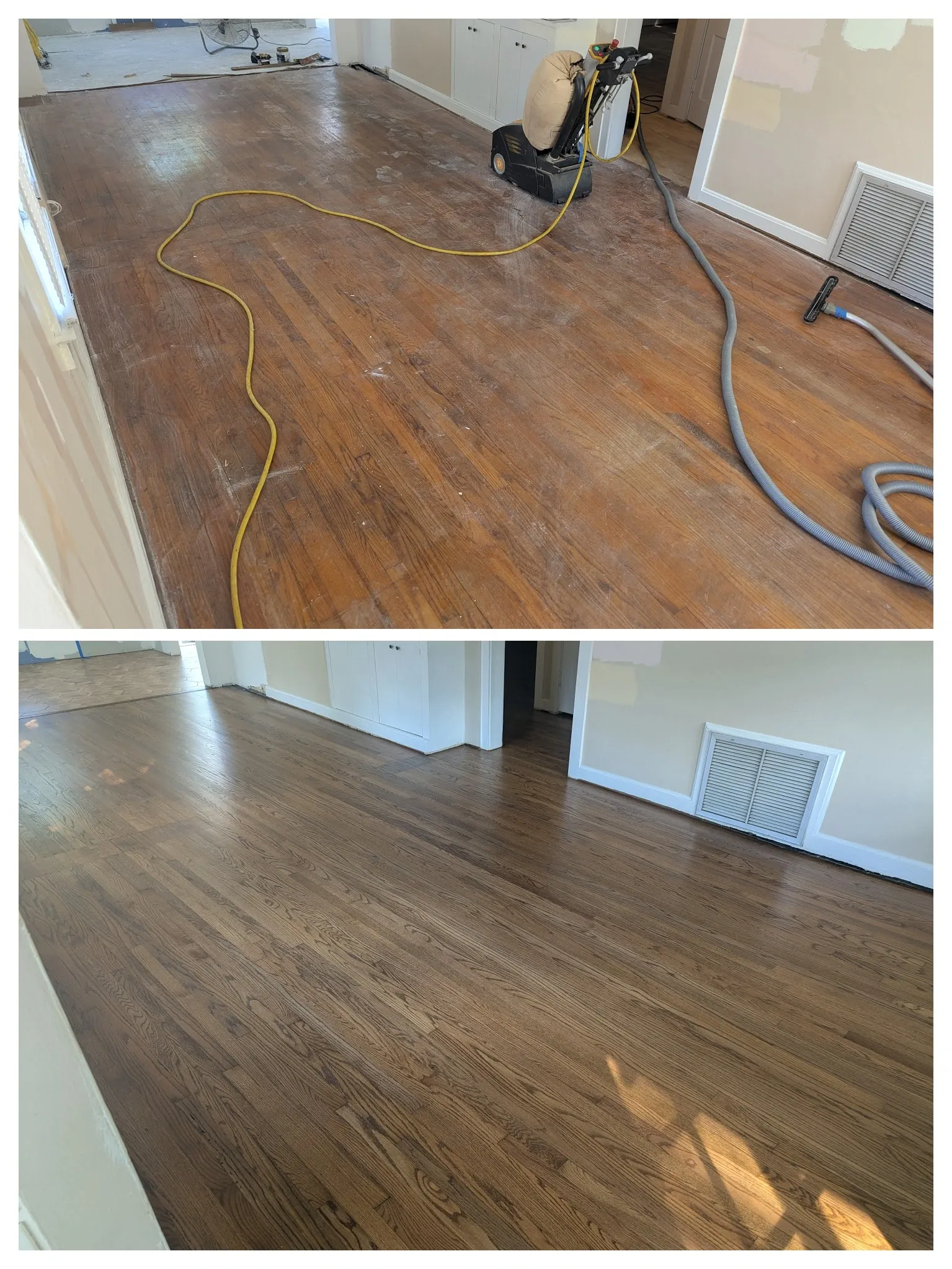 Hardwood floor sanding before and after collage — dustless drum sanding and finished result in Central Florida
