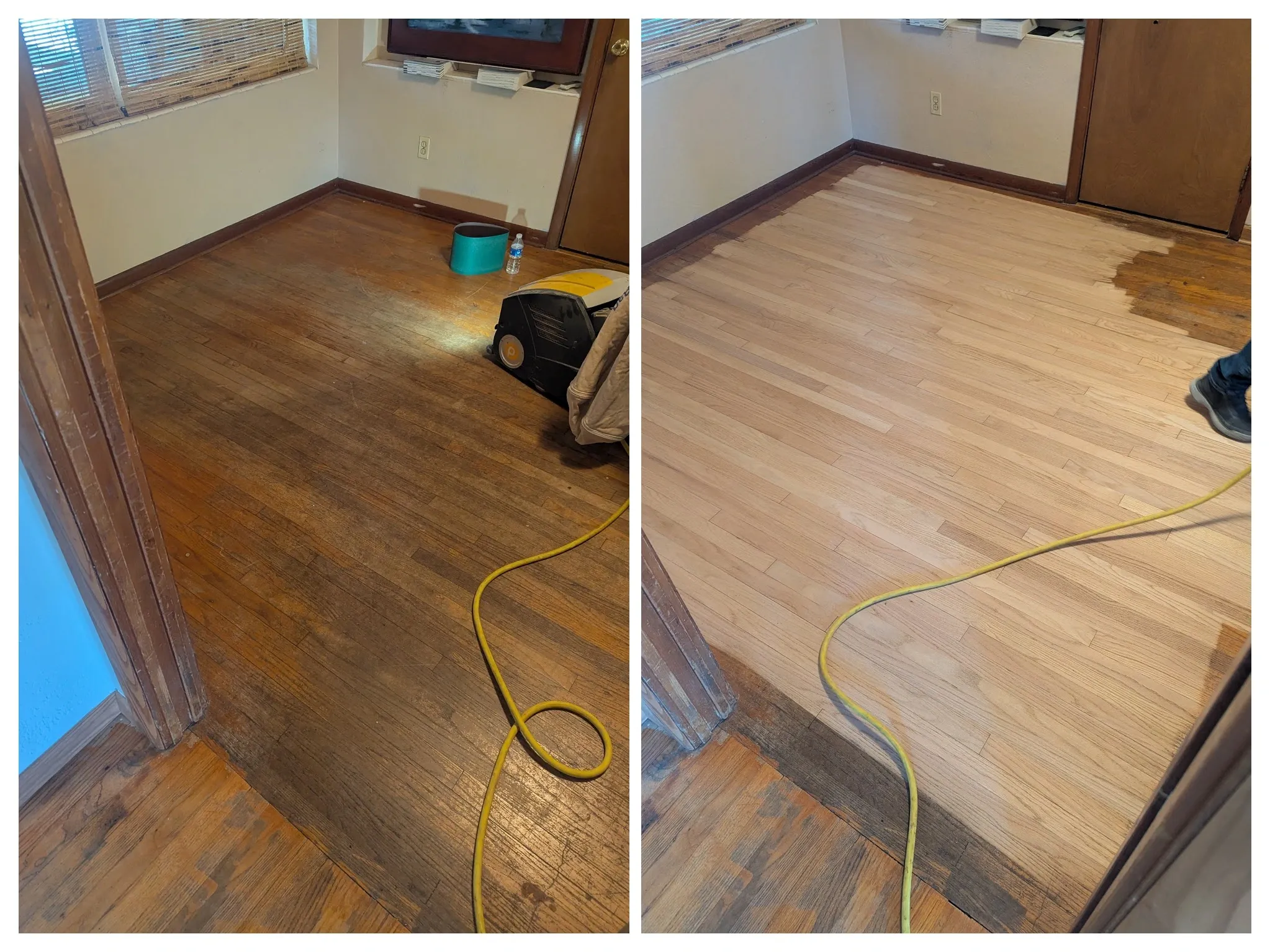 Hardwood floor sanding before and after — worn dark floor stripped and sanded to natural finish in Orlando