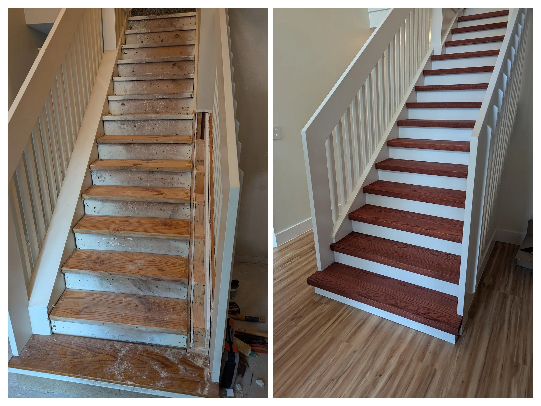Stair refinishing before and after — raw damaged treads restored to dark stained hardwood finish in Orlando
